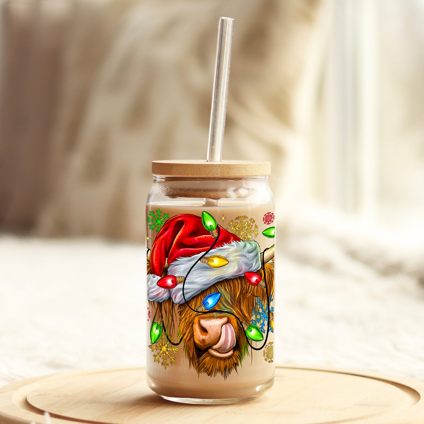 Highlander Christmas Cow 16oz Libbey Glass Can UV DTF or Sublimation Cup Wrap - Decal Transfer - Weefers