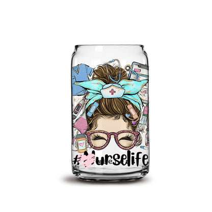 Nurse Life Messy Bun 16oz Libbey Glass Can UV DTF or Sublimation Wrap - Decal - Weefers