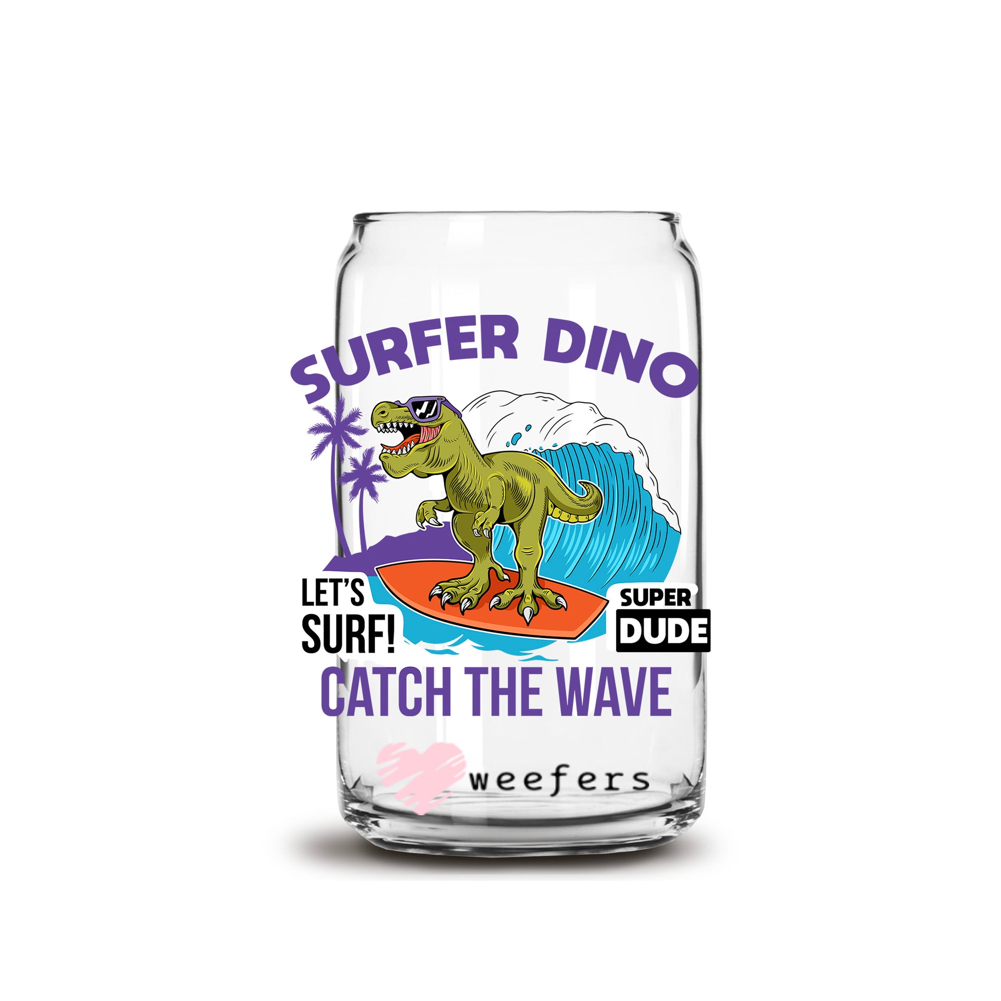 Surfer Dino 16oz Libbey Glass Can UV DTF or Sublimation Cup Wrap - Decal - Weefers