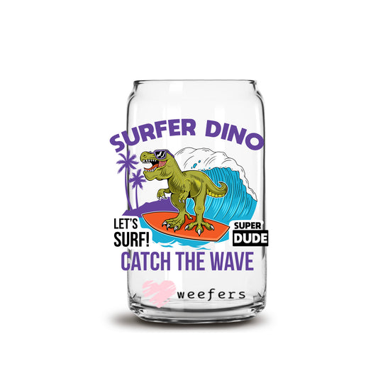 Surfer Dino 16oz Libbey Glass Can UV DTF or Sublimation Cup Wrap - Decal Weefers