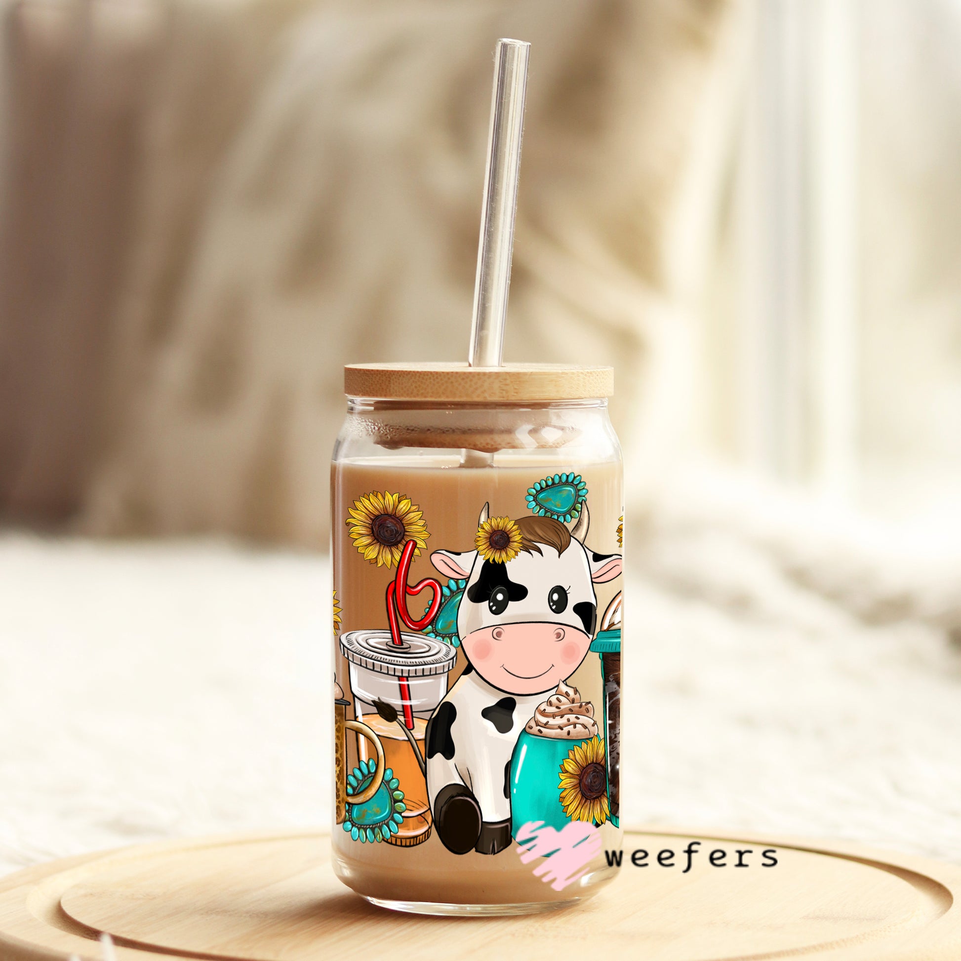 Western Sunflower Cow Libbey Glass Can UV DTF or Sublimation Wrap - Decal - Weefers