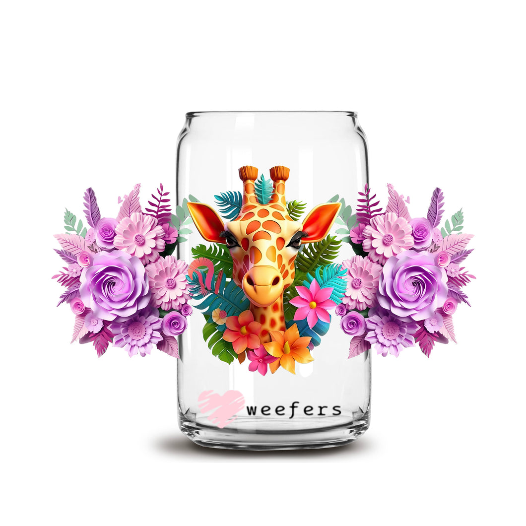 a glass jar with a giraffe and flowers on it