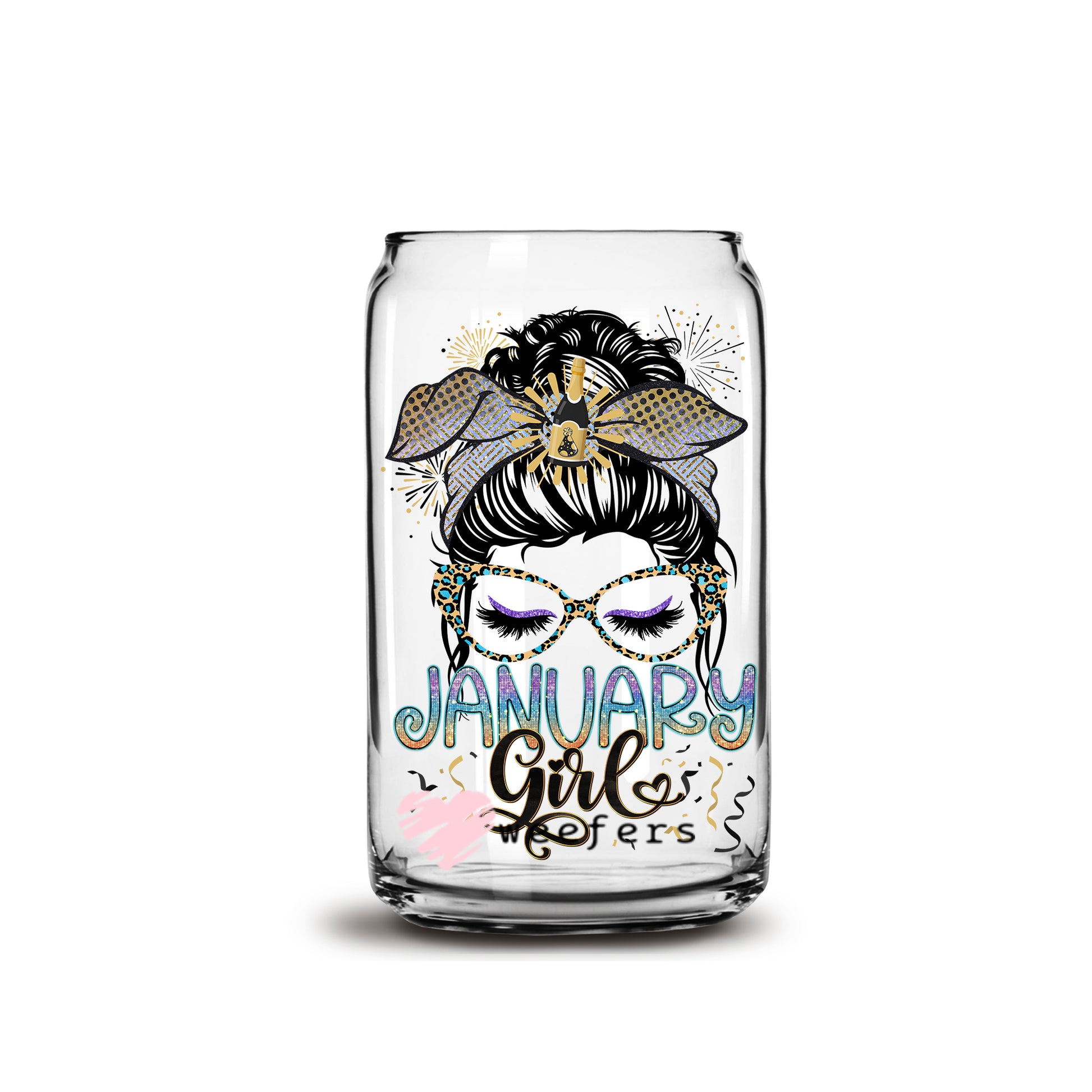 Messy Bun January Girl Birthday Month 16oz Libbey Glass Can UV DTF or Sublimation Wrap - Decal - Weefers