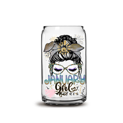 Messy Bun January Girl Birthday Month 16oz Libbey Glass Can UV DTF or Sublimation Wrap - Decal - Weefers