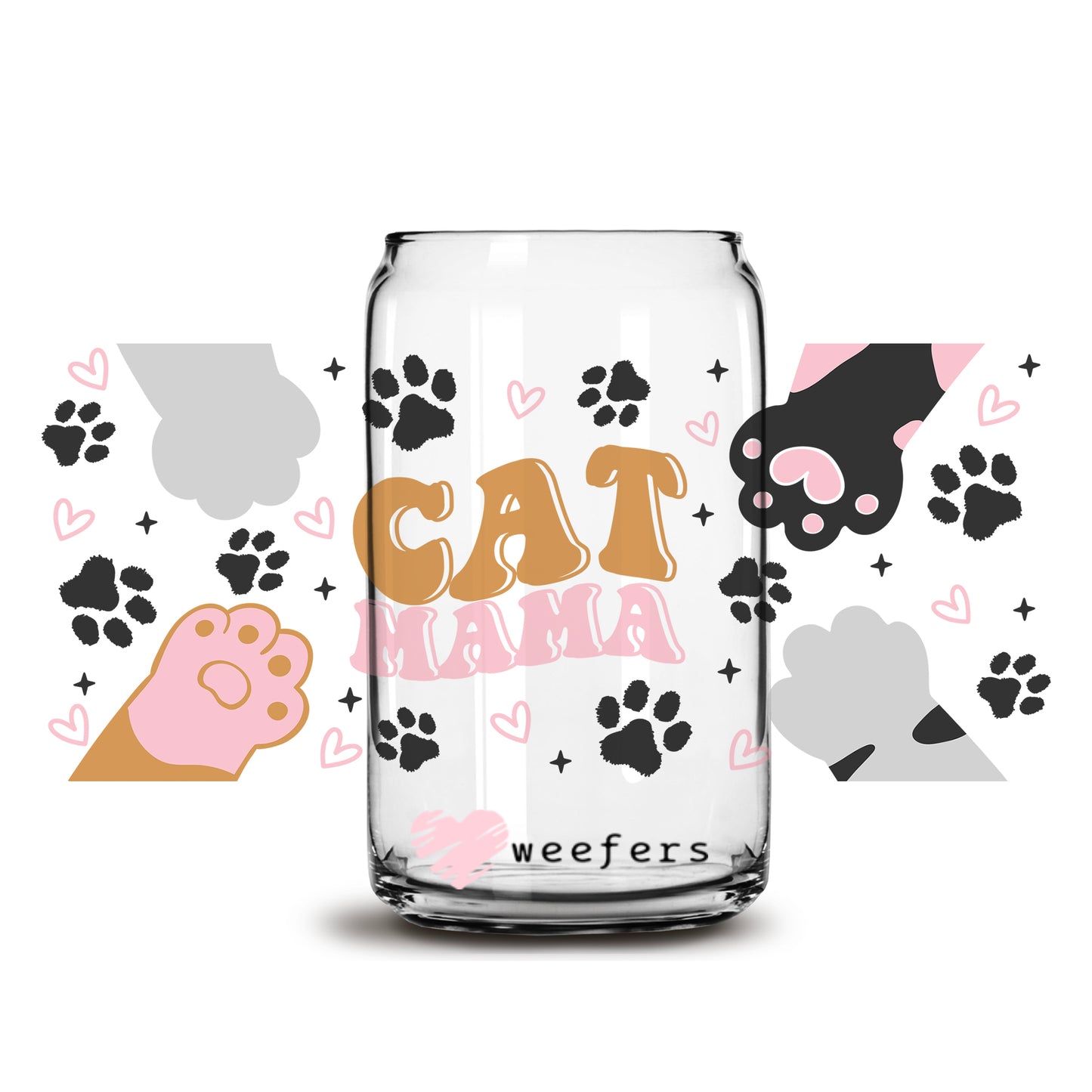 Cat Mama paws 16oz Libbey Glass Can UV DTF or Sublimation Cup Wrap - Decal Transfer - Weefers