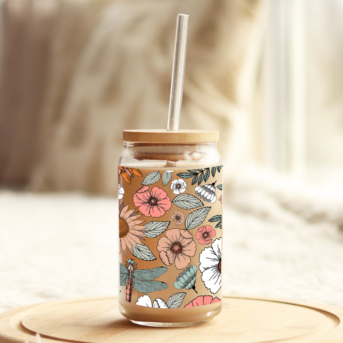 Boho Floral Garden 16oz Libbey Glass Can UV DTF or Sublimation Wrap - Decal - Weefers