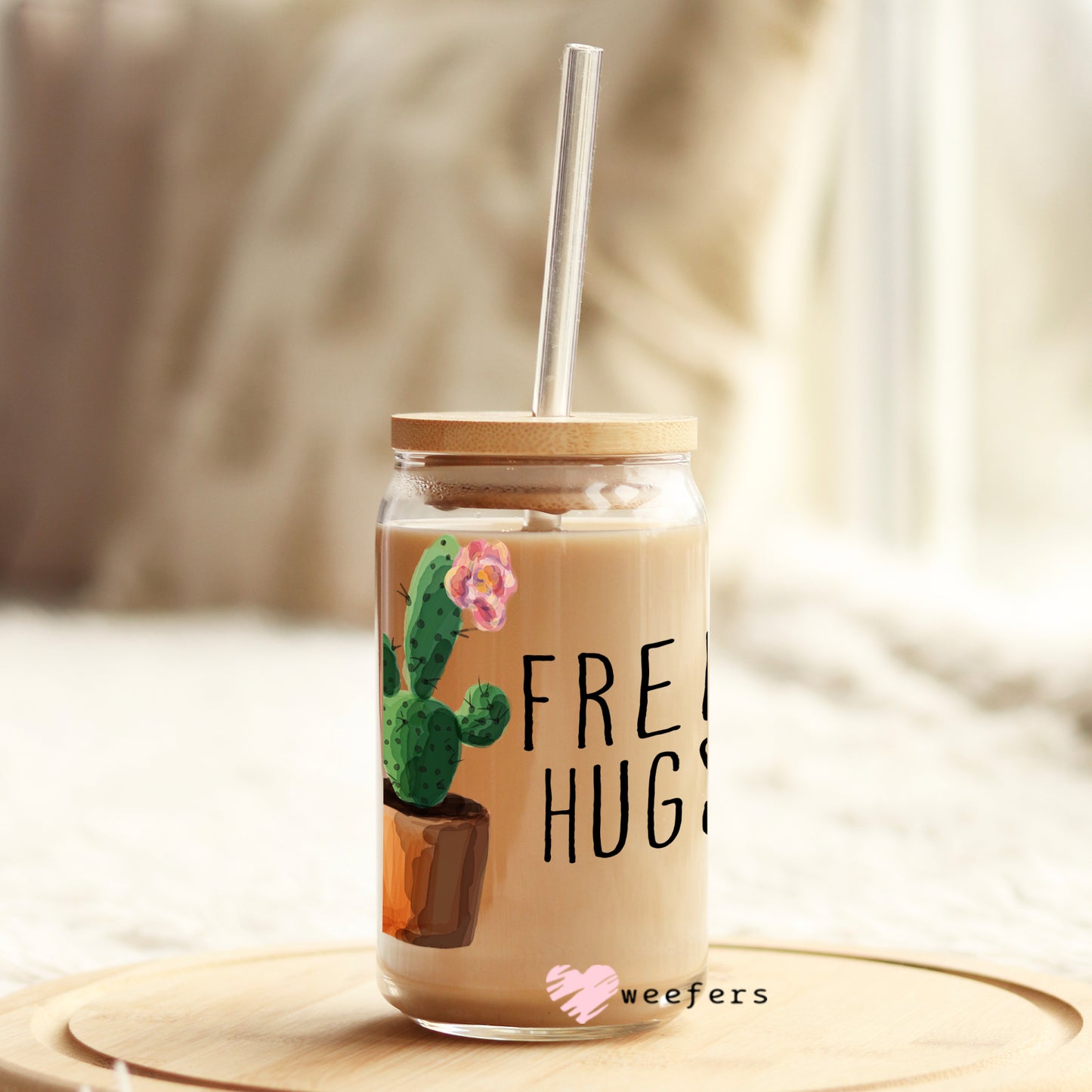 Free Hugs Cactus  16oz Libbey Glass Can UV DTF or Sublimation Wrap - Decal - Weefers