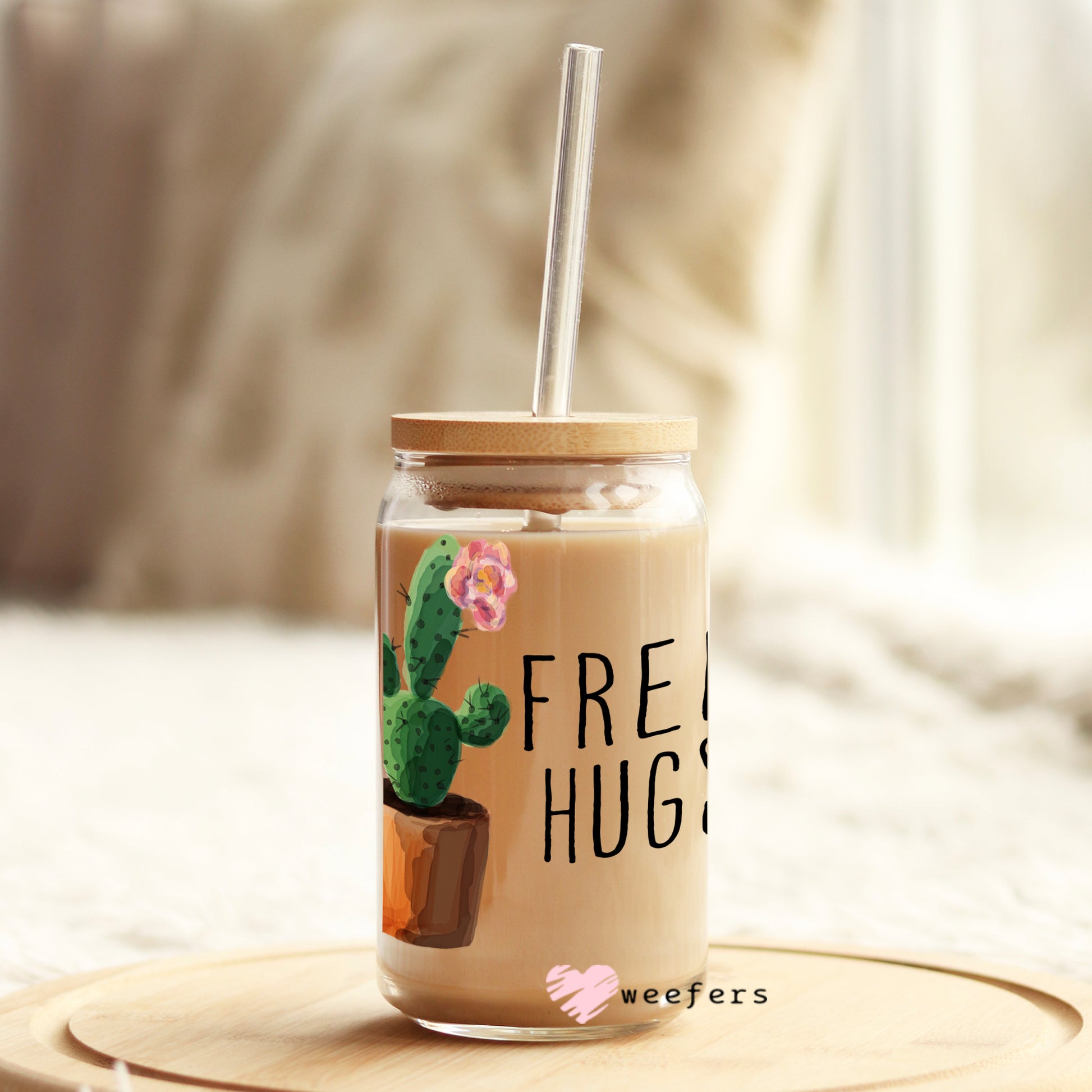 Free Hugs Cactus  16oz Libbey Glass Can UV DTF or Sublimation Wrap - Decal - Weefers