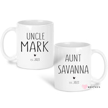Load image into Gallery viewer, New Aunt Gift, Aunt and Uncle Couples Mug Set, Gift for new Auntie, New Uncle Mug, Gift for her, Gift for brother, Baby Reveal to sister
