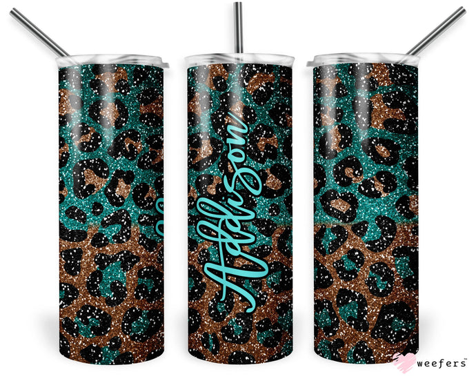 Custom Name Travel Tumbler - Turquoise Glitter Leopard Print - Personalized Travel Mug - Gift For Her - 20oz Tall Skinny Tumbler with Lid