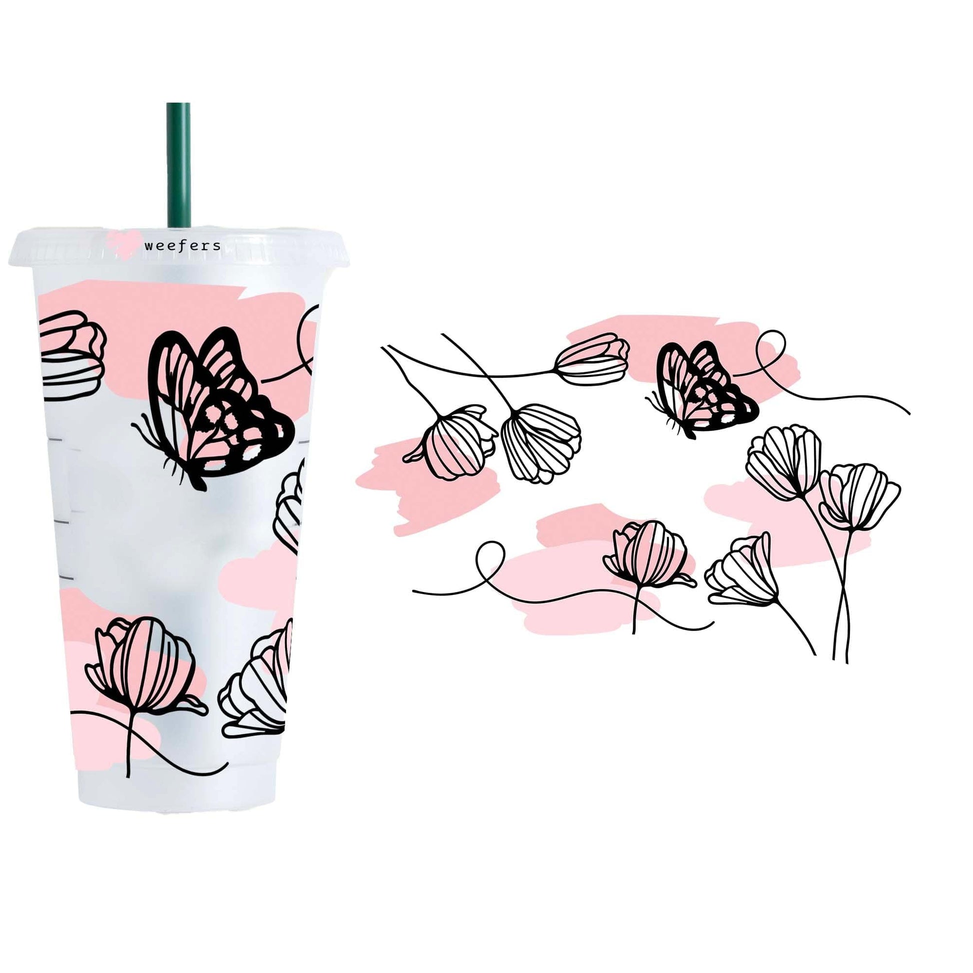 Pink Butterfly Floral 24oz UV DTF Cold Cup Wrap - Ready to Appy Transfer - Weefers